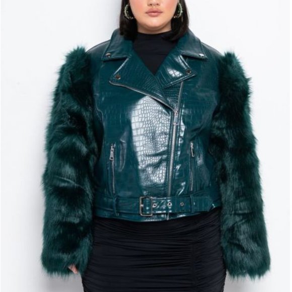 STUNNING PLUS AZALEA WANG NOLLA FAUX FUR ARMS CROC MOTO JACKET!!! - Picture 4 of 8